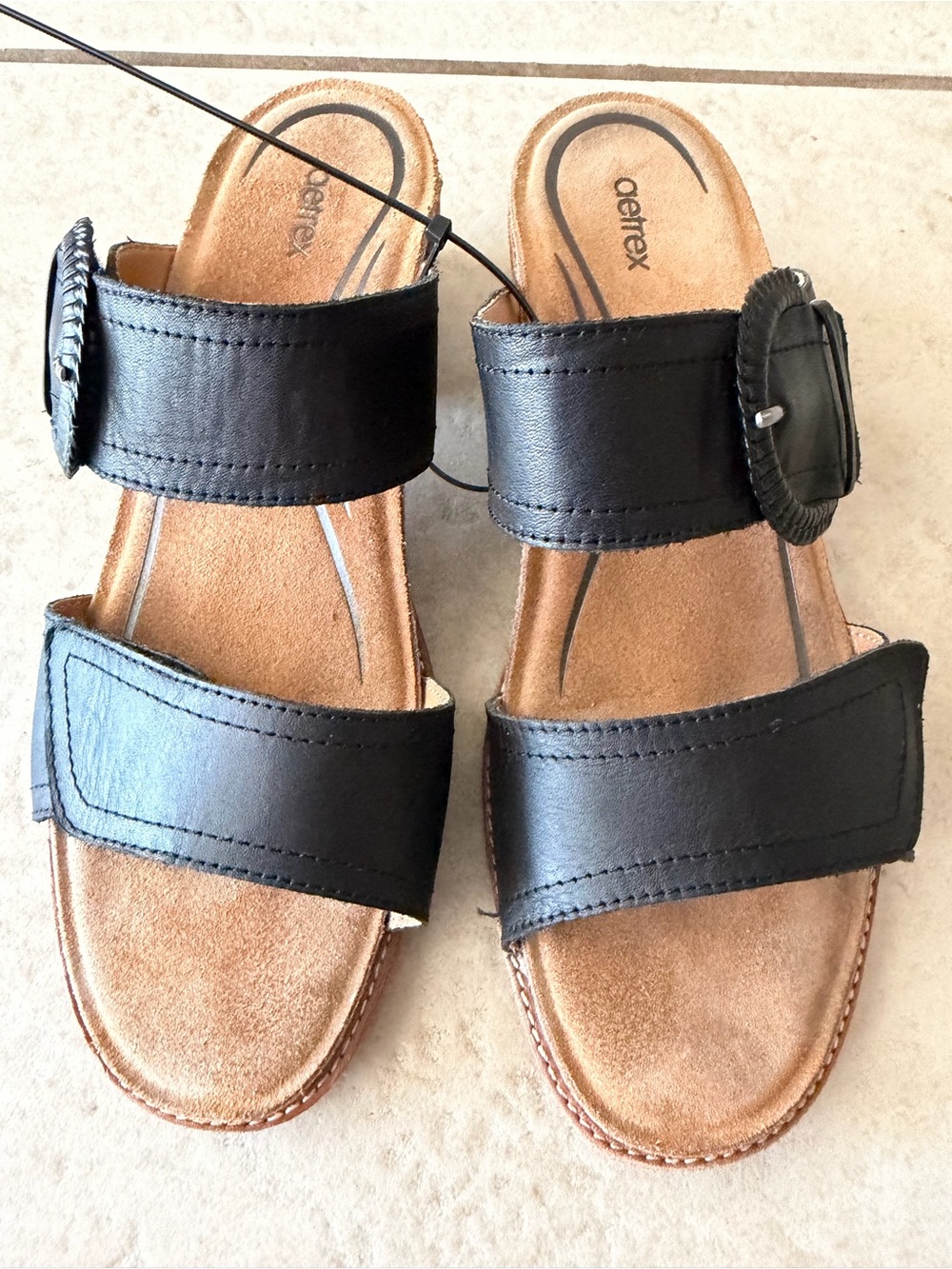 Aetrex Tatiana Comfort Slides Black Leather Adjustable Straps Women’s US Sz 9-9.
